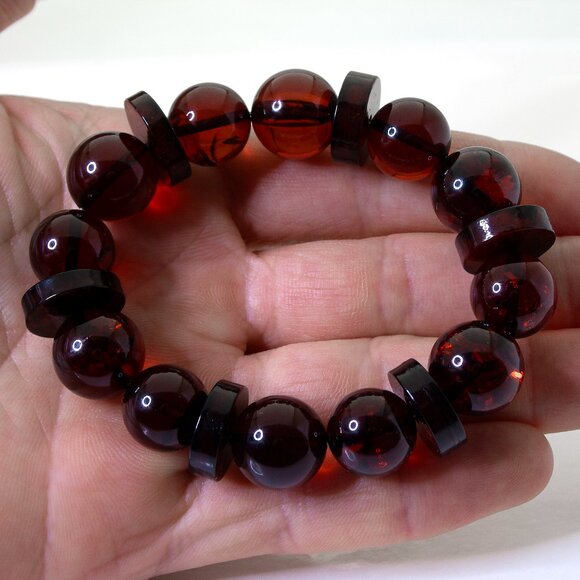 100% NATURAL Dark Cherry Amber Bracelet, 13-14 mm Round Beads with Disks - Picture 5 of 8